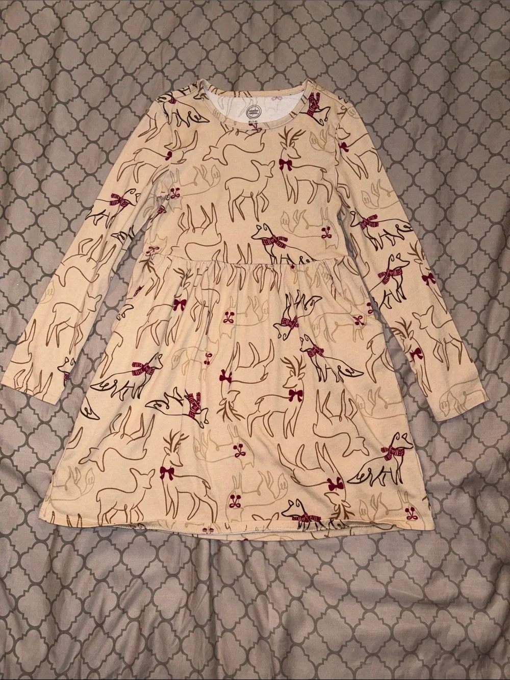 wonder nation Cream Long-Sleeve Reindeer Print Dress with Burgundy Accents